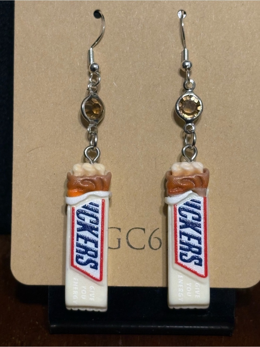 Miniature Candy Bar Dangle Earrings white wrapper gem accents